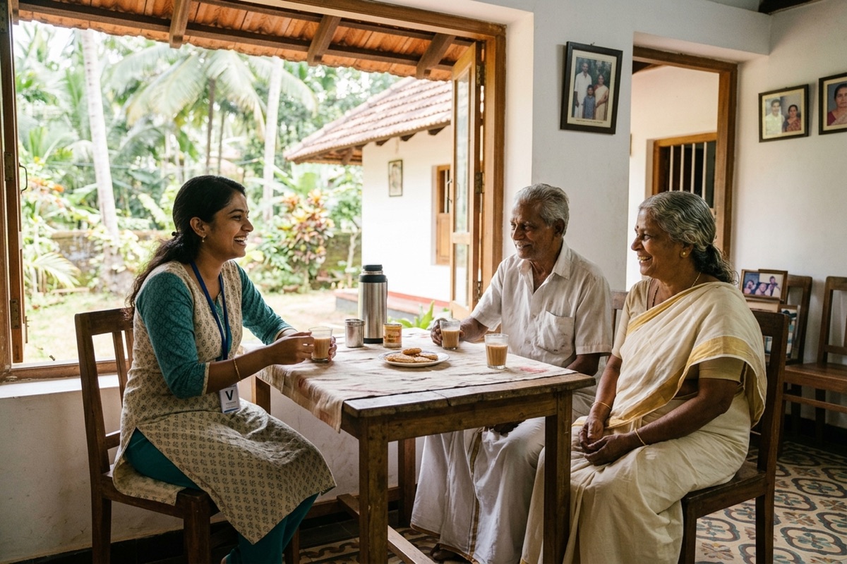 A volunteer sharing tea with an elderly couple at home
